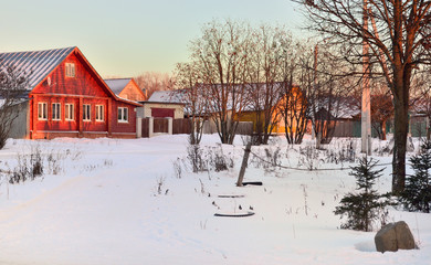 village street during the cold winter sunset