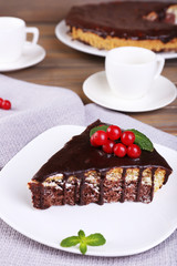 Chocolate cake on table