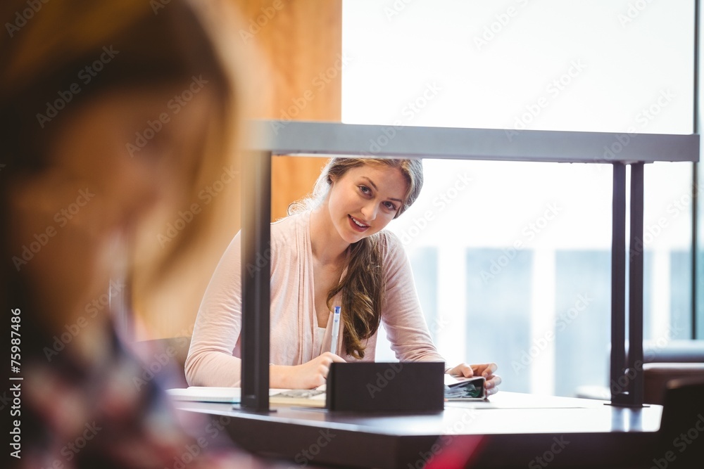 Poster Smiling student sitting next to the window taking notes