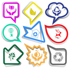 bird in hands, leaf, protection sea life, little man with globe,