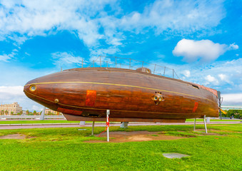 a very old wooden submarine at marina of Barcelona in Spain