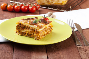 Portion of tasty lasagna on a plate