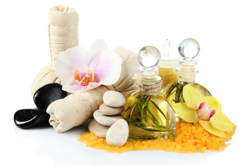 Spa treatments with orchid flower isolated on white