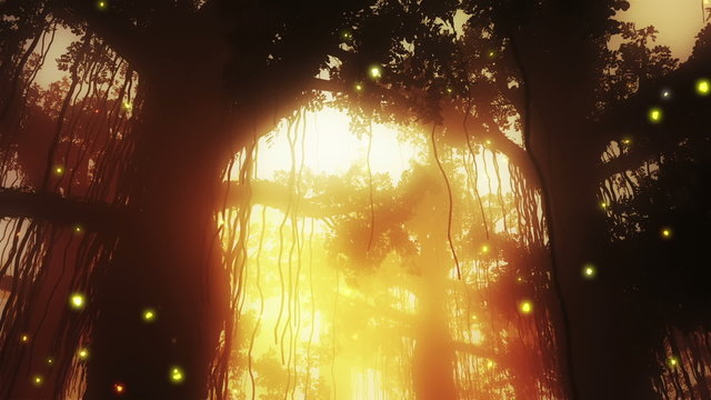 Mysterious Fairy Tale Fantasy Deep Jungle in Water with Fireflie