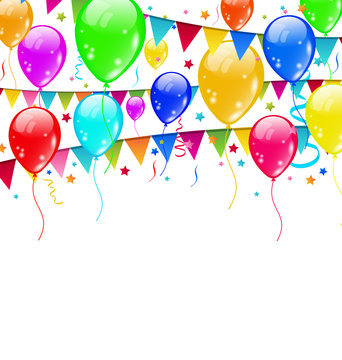 Colourful party balloons, confetti with space for text
