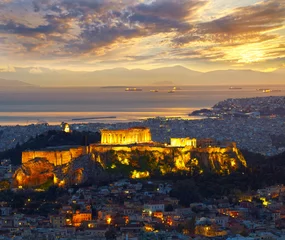 Sierkussen Athene, Griekenland. Na zonsondergang. Parthenon en Herodium constructie © SJ Travel Footage