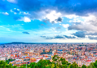 aerial view to the town from park Guell at Barcelona Spain. HDR