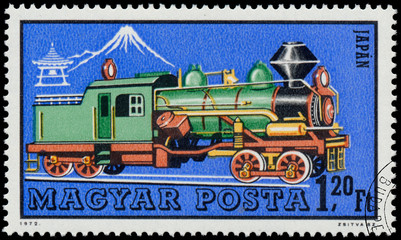 Fototapeta na wymiar Stamp printed in Hungary shows japan locomotive