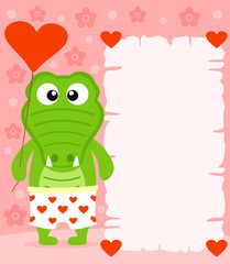Pink Valentine's day background  with funny crocodile