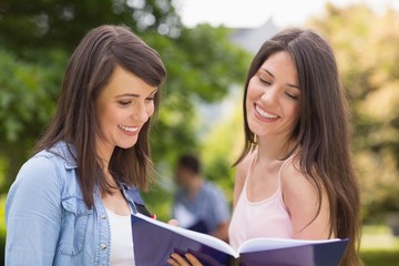 Pretty students reading from notepad