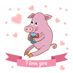 Illustration drawn by animal pig declaration of love