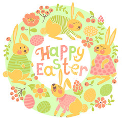 Happy Easter card with cute bunnies and colored eggs.