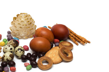 Happy Easter. Easter bunny, colored eggs. Photo.