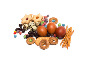 Happy Easter. Easter bunny, colored eggs. Photo.