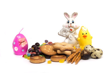 Happy Easter. Easter bunny, colored eggs. Photo.