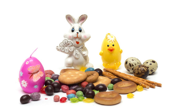 Happy Easter. Easter bunny, colored eggs. Photo.
