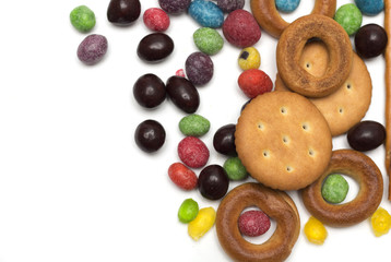 Tea time. Cookies with colored candies. Photo.