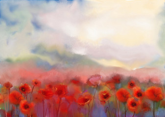 Red poppy flowers filed  watercolor painting - 76007480