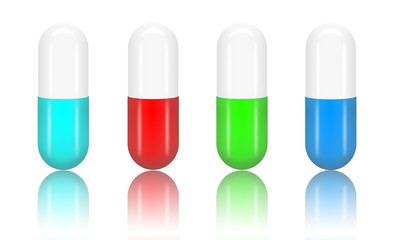 Color pills (capsules) with reflections isolated