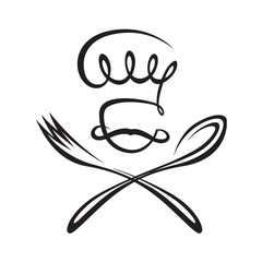 monochrome image of chef with spoon and fork