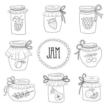 The set of hand drawn jars with home-made jams.