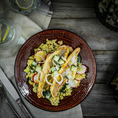 Grilled catfish with quinoa and radish salad