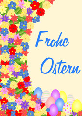 Ostergrüße in deutsch auf Blumenbordüre – Textfeld in Eiform