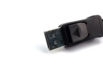 closeup of display port cable on a white background