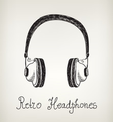 vector hand drawn retro headphones, earphones isolated