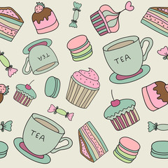 vector hand drawn cakes, sweets, macaroons, tea cup seamless