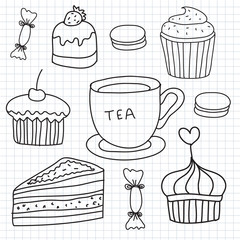 vector set of hand drawn cakes, sweets, tea cup