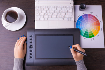 Designer working desk filled with computer,pen tablet