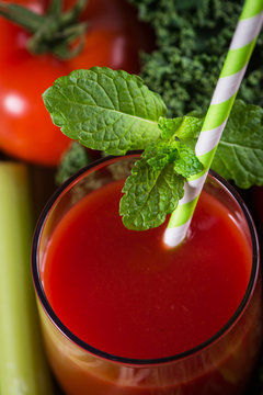 Close view on healthy tomato juice