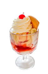 Ice cream with strawberries and whipped cream