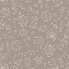 Vector pattern with hand drawn tea time symbols on brown color