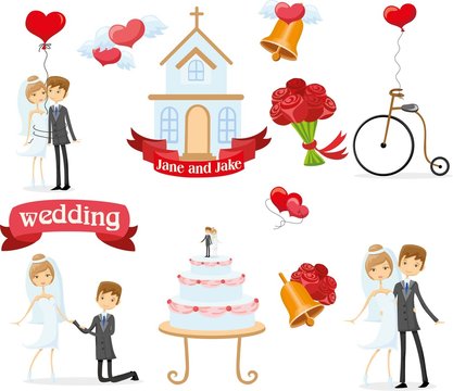 Набор свадебных фотографий, невесты и жениха в любви, вектор