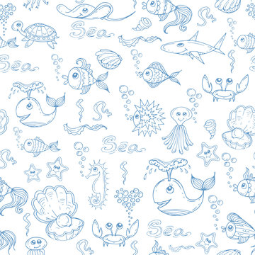 Vector pattern with fish and underwater world on white color