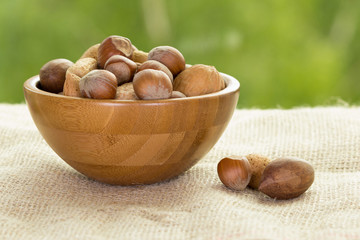 Nuts in wooden bowl.