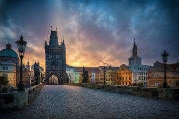 Dramatic sunrise light on Prague as seen from the Charles bridge
