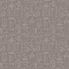 Vector pattern with objects of men's wardrobe on brown color