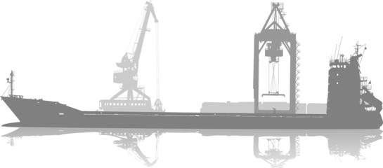 Silhouette of ship in port on unloading under the crane - obrazy, fototapety, plakaty