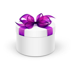 White Round Gift Box with Purple Ribbon and Bow