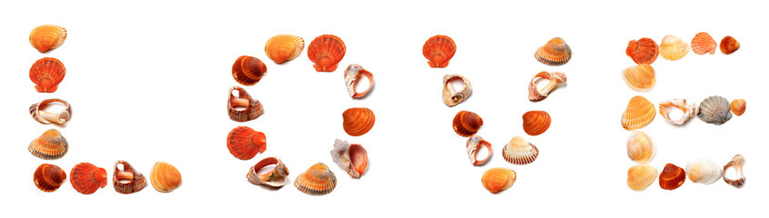 Text LOVE composed of seashells