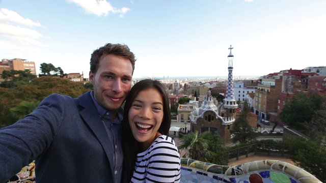 Happy couple selfie, Park Guell, Barcelona, Spain