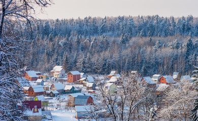 Winter landscape with views of the village in a forest