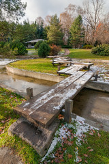 Autumn Japanese garden with a wooden bridge, pond and pavilion