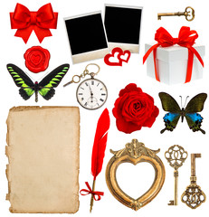 objects for scrapbooking. letter paper, photo frame, flower, but