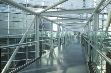 Corridor of glass-walled building