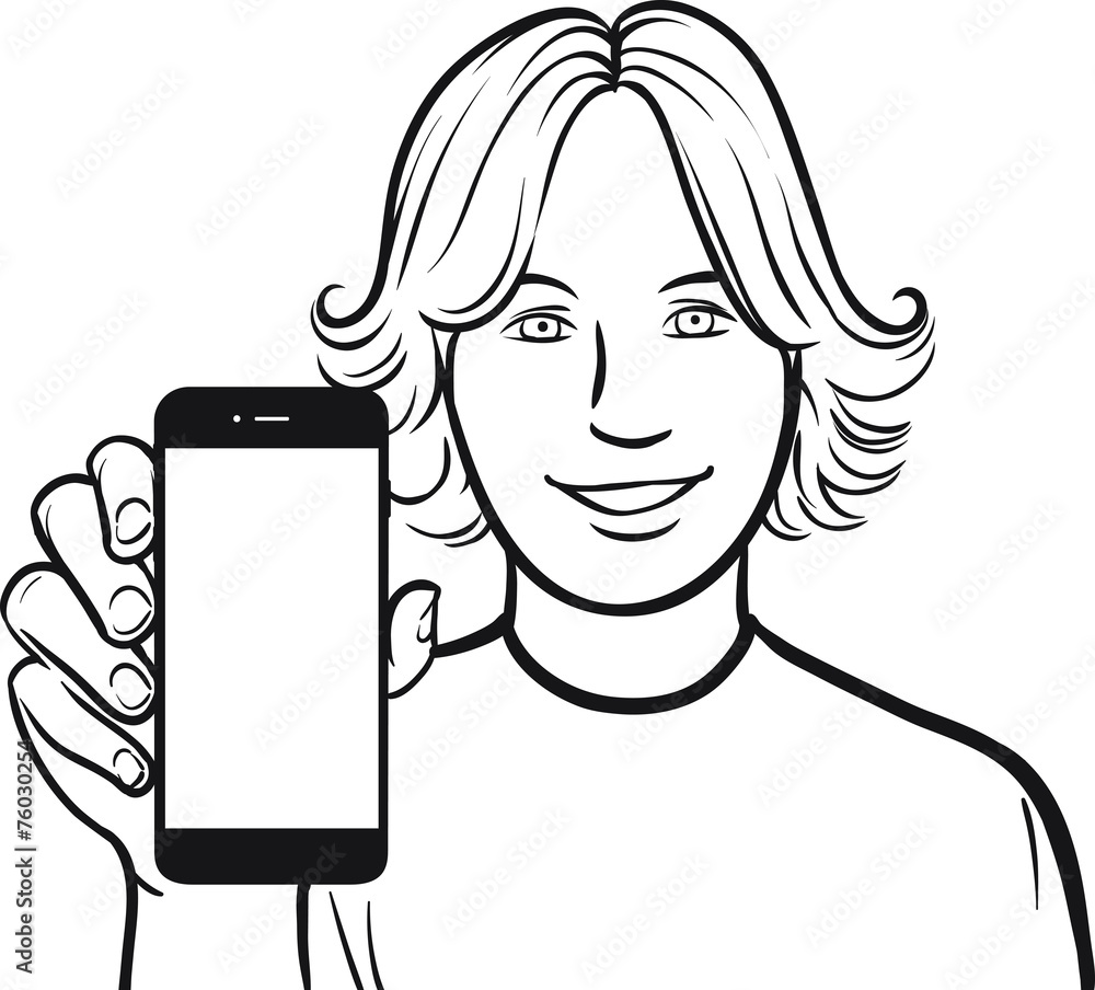 Aufkleber line drawing of a long-haired guy showing a mobile app on a smar