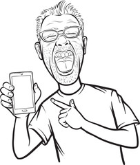 line drawing of a shouting man showing a mobile app on a smart p